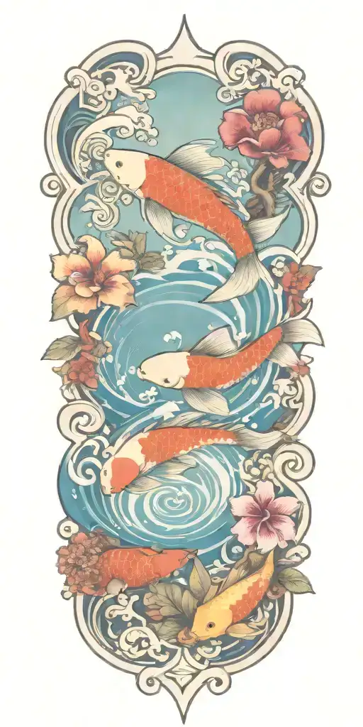 Tropical Design Incorporating Elements Of The Sea And Islands And Koi