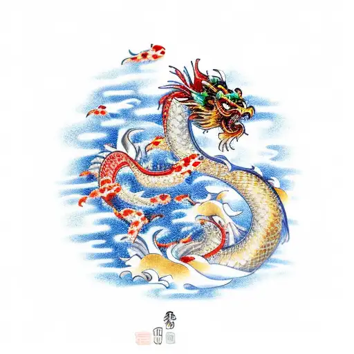 Chinese Dragon Spiraling A Waterfall With Koi Fish Circling The Top Of The Waterfall