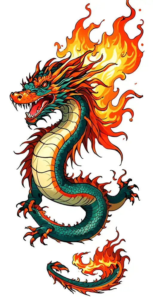 A Diving Dragon With Fire Coming Out Of Its Mouth Open