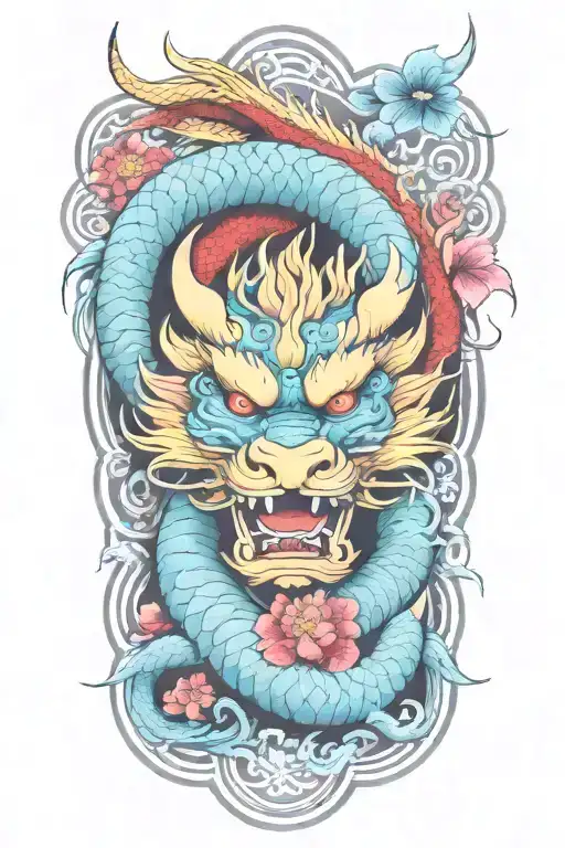 Floral Japanese Tattoo With Dragon And Water
