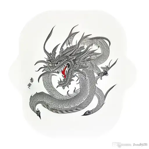 A Black-grey Tattoo Of A Japanese Dragon Intertwined With Film Strips
