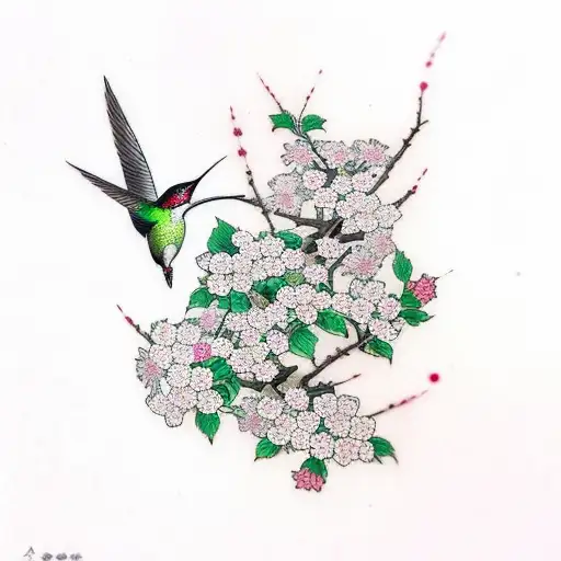 Japanese Cherry Blossom With Hummingbird