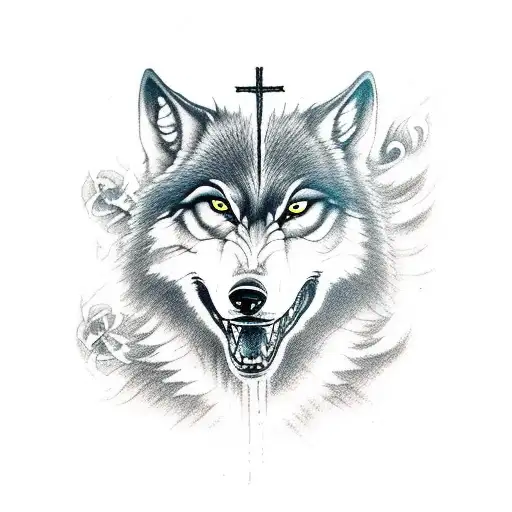 A Fierce Wolf Standing In Front Of A Cross