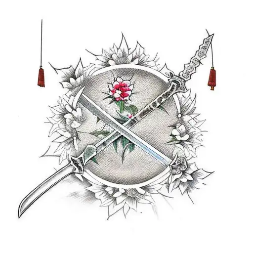 Sword With Fire Surrounded By Thorns And Flowers
