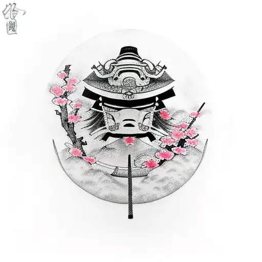 Samurai Sword And Samurai Helmet With Cherry Blossoms Surrounding The Word Kaizen