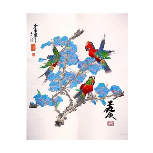 Blue Chinese-style Giant Crape-myrtle Flower And Red Parakeet Bird