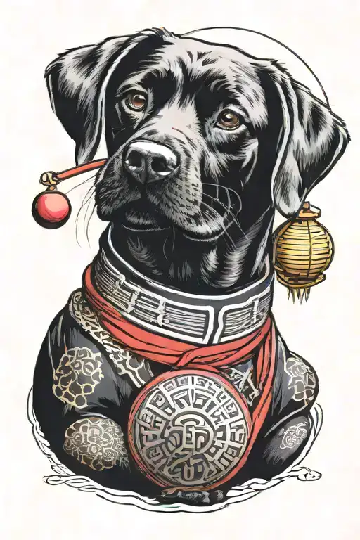 A Black Labrador In A Samurai Suit Seat With A Ball In His Mouth