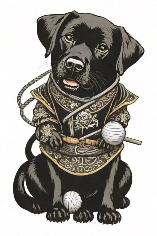 A Black Labrador In A Samurai Suit Seat With A Ball In His Mouth