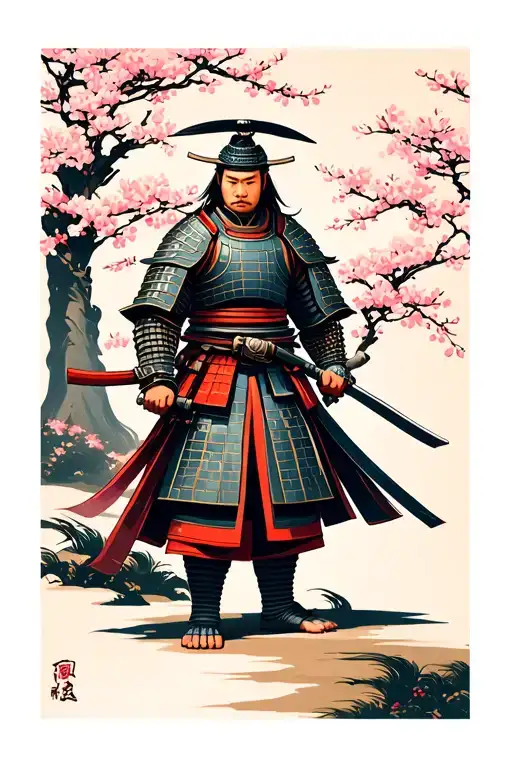 A Samurai In Japanese Armor In A Cherry Forest Scene