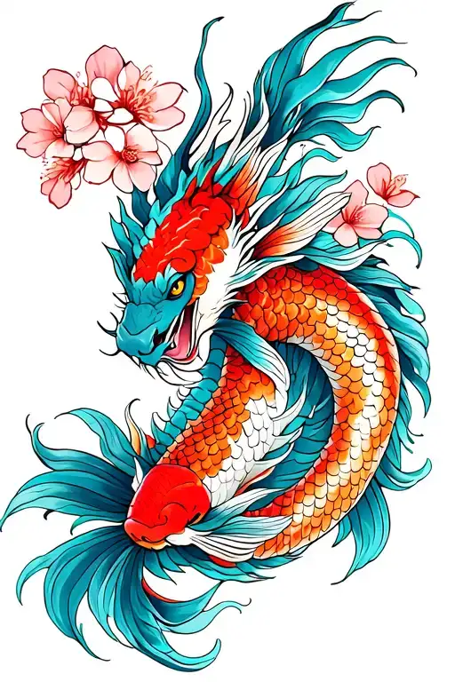 A Dragon And Koi Fish With Cherry Blossoms