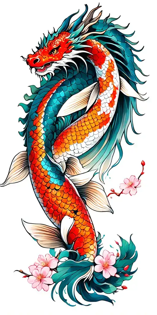 A Dragon And Koi Fish With Cherry Blossoms
