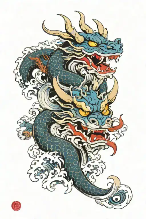 Dragon And Hannya Mask With Waves