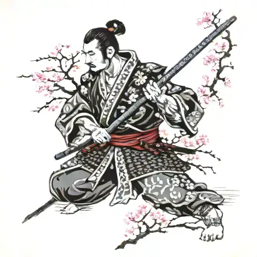 Japanese Samurai With Cherry Blossom Tree