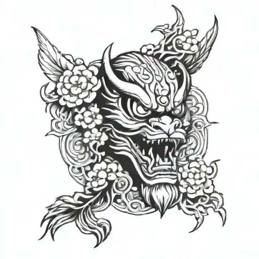 Black And White Tattoo Depicting A Japanese Crane Behind An Oni Mask