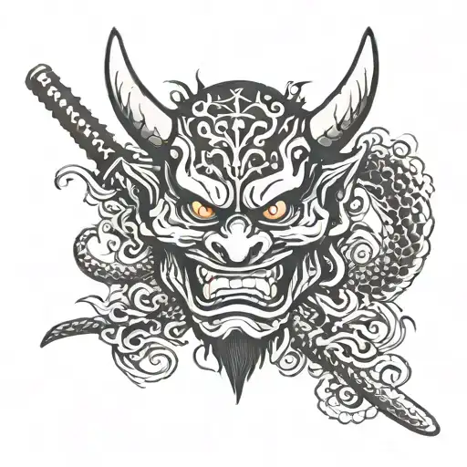 Oni Mask With Katana And Dragon