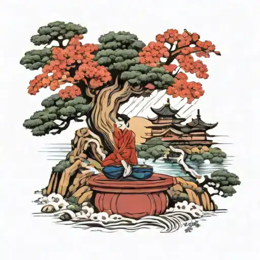 Bonsai Tree In Center With Samurai And Geisha On An Island