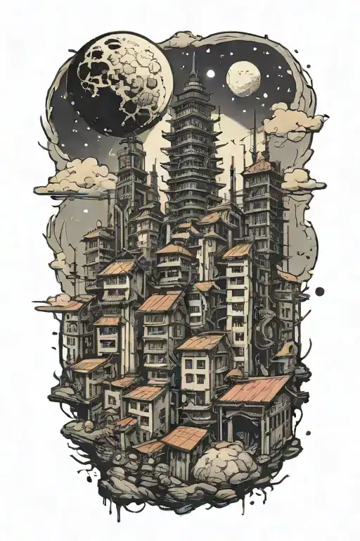 Sci-fi Classic Art Apocalyptic Abandoned Metropolis With Crumbling Skyscrapers Under Cosmic Sky