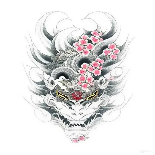 Hannya Mask With Cherry Blossom Flowers And Black Waves