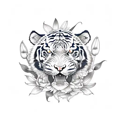 A Full Body Tiger Surrounded By Oriental Lilies And Minimalistic Flowers