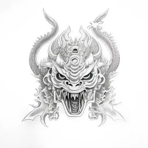 Women Wearing A Broken Oni Mask Woth Sword And Dragon