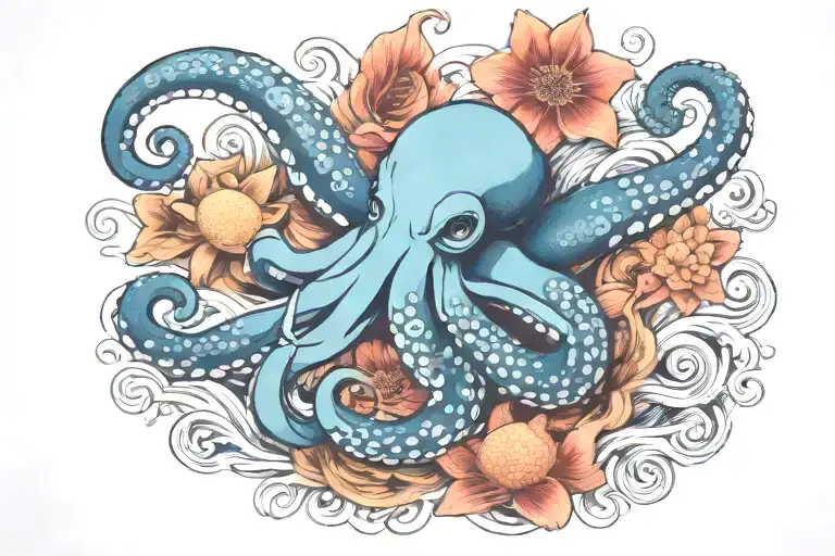 Octopus And Koi Fish Swimming Together