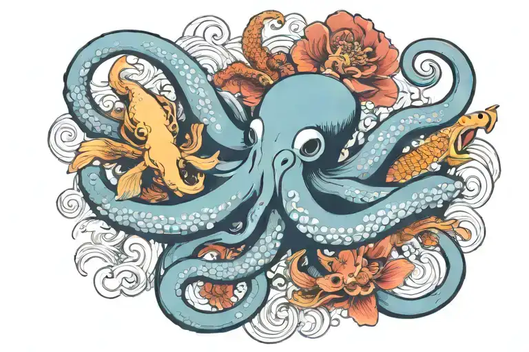 Octopus And Koi Fish Swimming Together