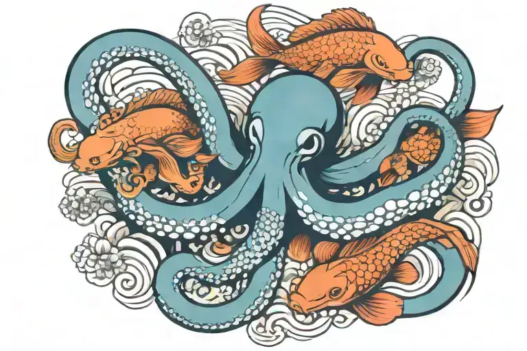 Octopus And Koi Fish Swimming Together