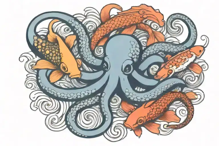 Octopus And Koi Fish Swimming Together
