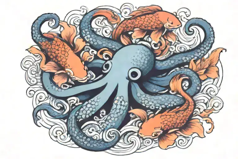 Octopus And Koi Fish Swimming Together