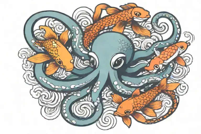 Colorful Octopus And Koi Fish Swimming Together Symbolizing