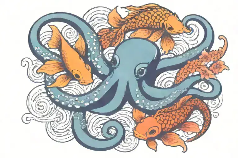 Colorful Octopus And Koi Fish Swimming Together Symbolizing