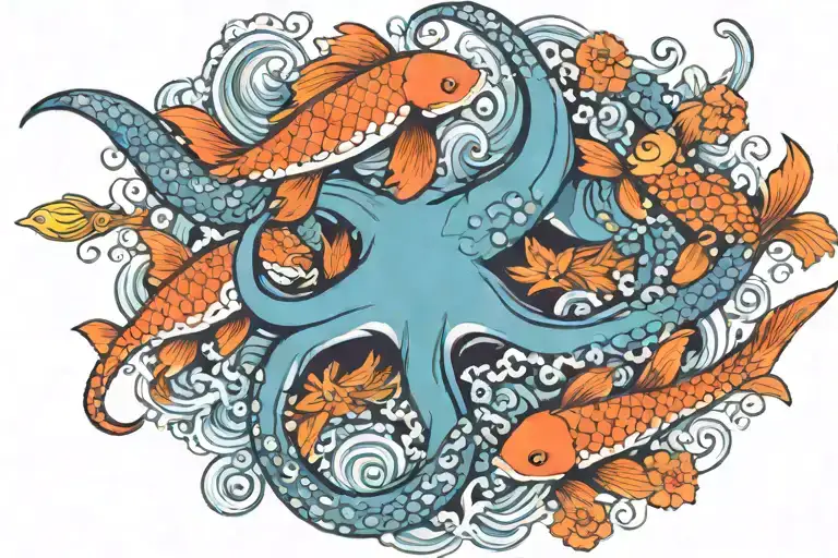 Colorful Octopus And Koi Fish Swimming Together Symbolizing
