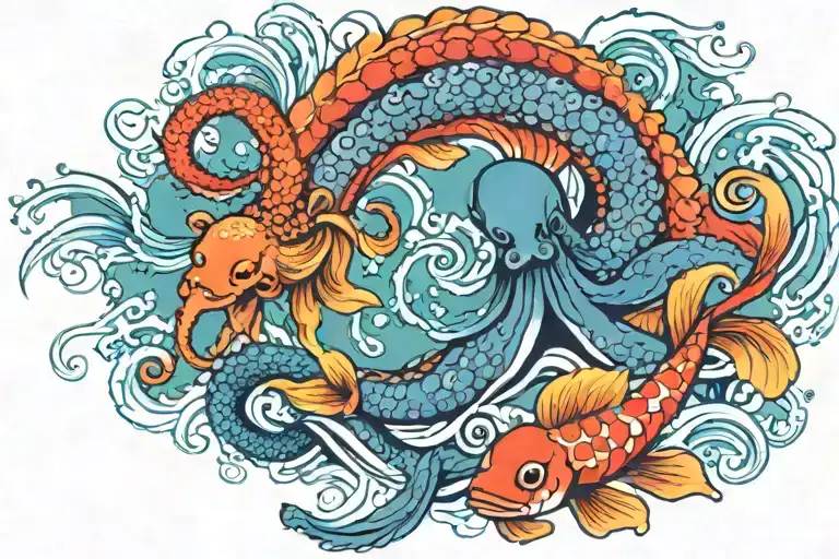 Colorful Octopus And Koi Fish Swimming Together Symbolizing