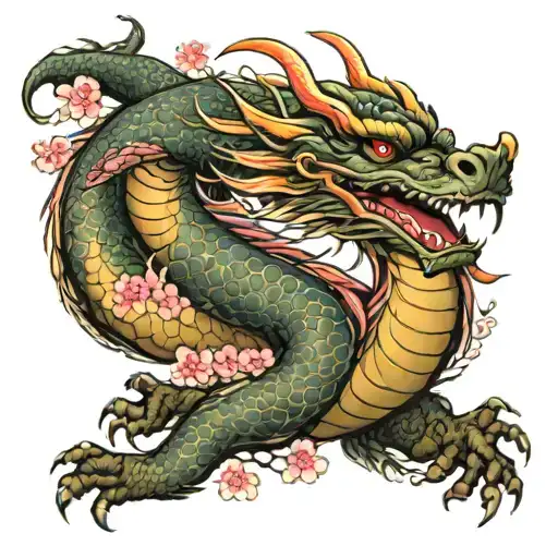 Dragon With Pink Cherry Blossoms