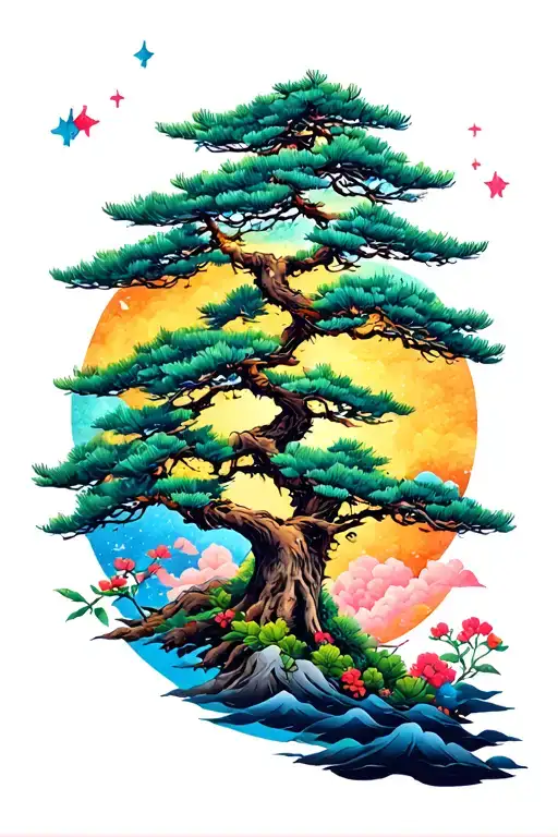 Colorful Space Tatto Pine Tree