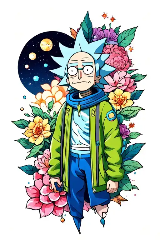 Colorful Space Tatto Design In Rick And Morty Style