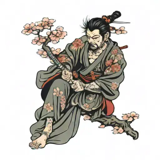 Japanese Sakura Tree With Samurai