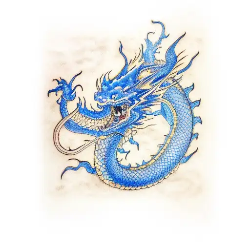 Blue Chineses Dragon Fine Line