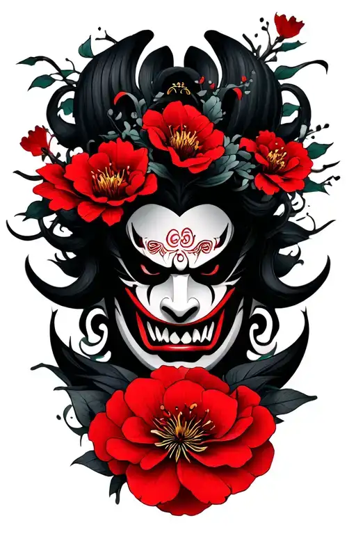 Hannya And Red Flowers Symbolizing Strength And Resilience