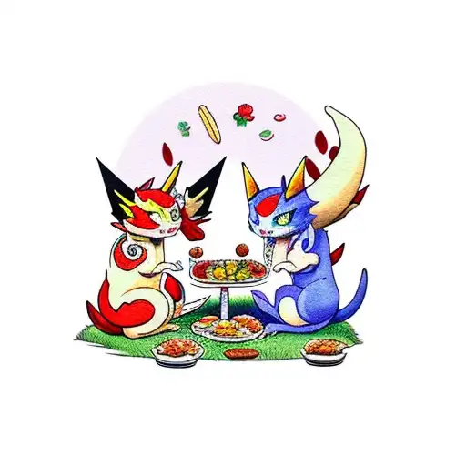 A Traditional Tattoo Of Gatomon And Tailmon Having A Picnic With Food From Different Cultures