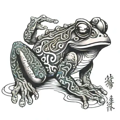 Make A Color Sketch For A Japanese Style Tattoo With A Japanese Mask And Frog And Inscriptions