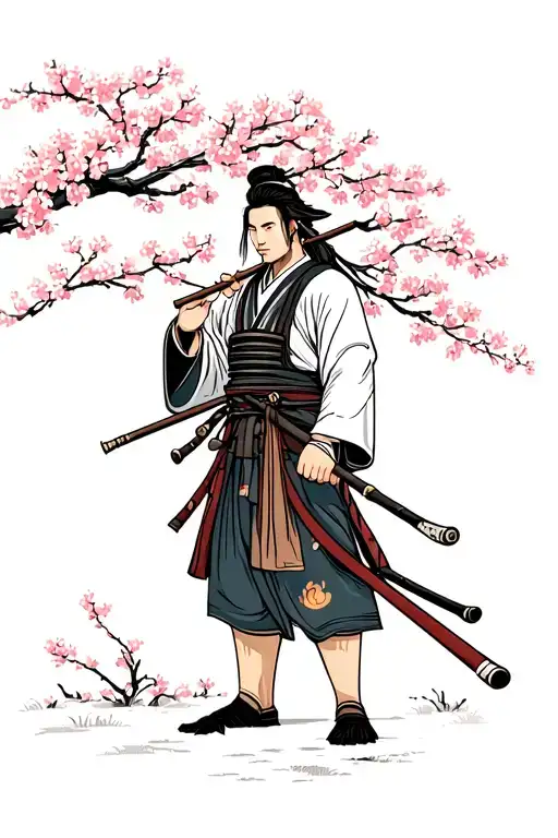 Samurai Standing Under Cherry Blossoms With Flute