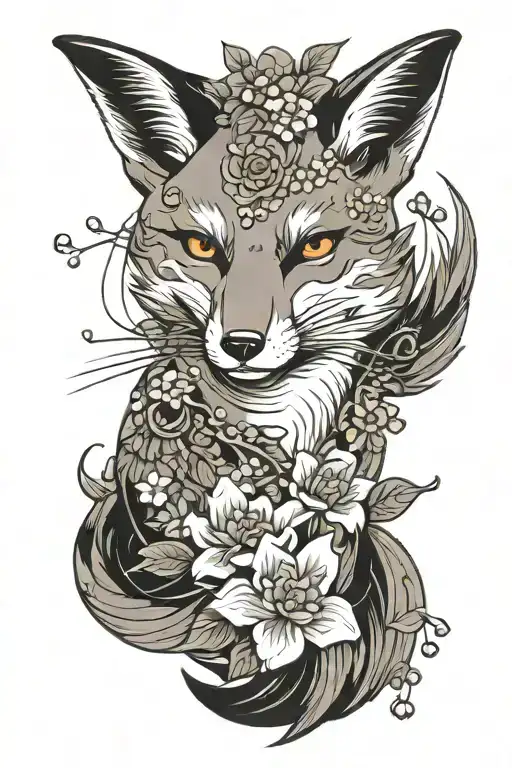 Japanese Fox With Flowers And Beads