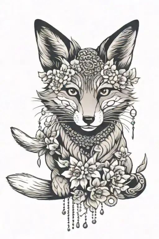 Japanese Fox With Flowers And Beads