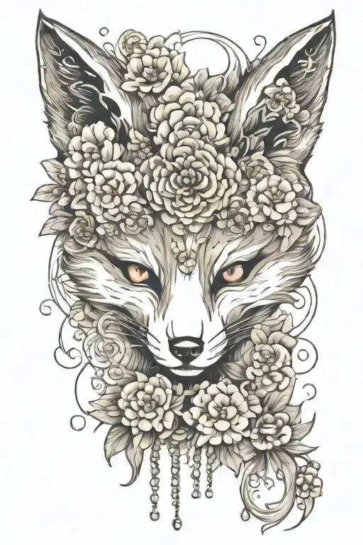 Japanese Fox 9 With Flowers And Beads Detailed Drawing