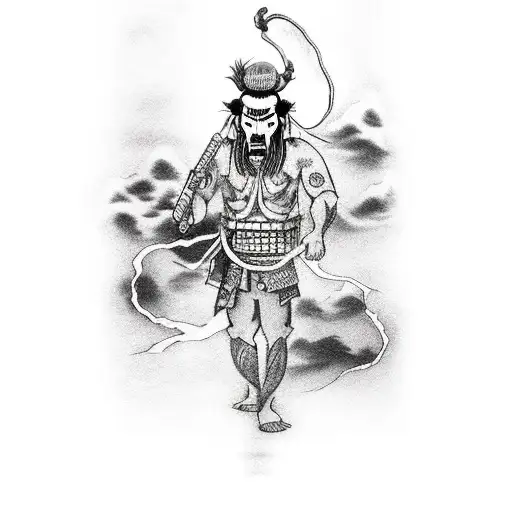 A Black And Grey Tattoo Of A Ghostly Figure From The Game Ghost Of Tsushima Holding A Banana