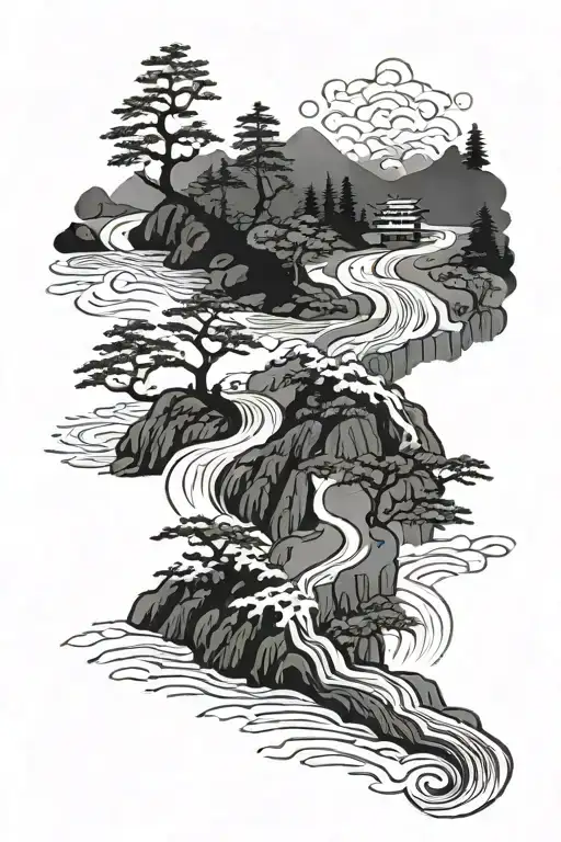 Winding River With Trees Going Through A Mountain