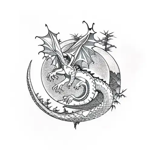 A Powerful Dragon Emerging From A Forest With A Crescent Moon In The Background