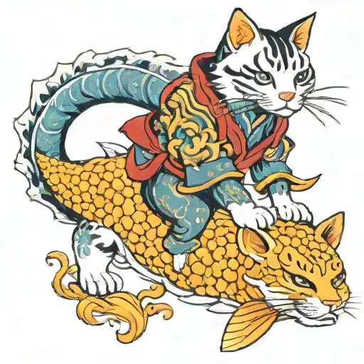 Cat Warrior Riding Koi