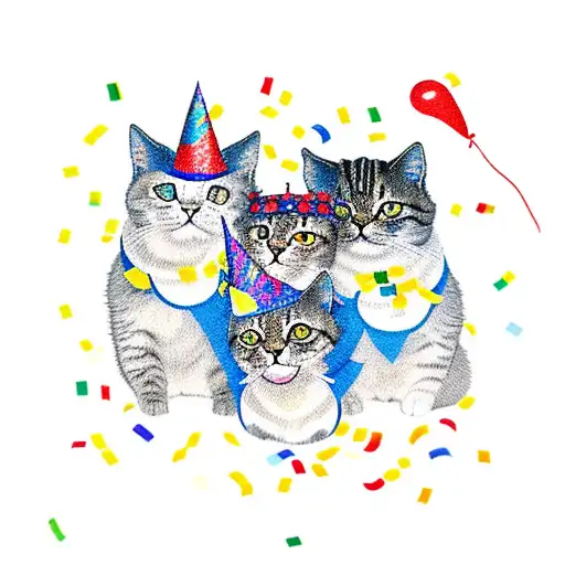 A Group Of Cats Enjoying A Party With Confetti And Balloons